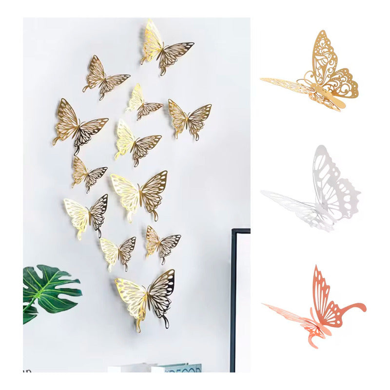 Mariposas 3d Pegatinas Pared, 12 Unidades Para Decorar Color Oro Rosa