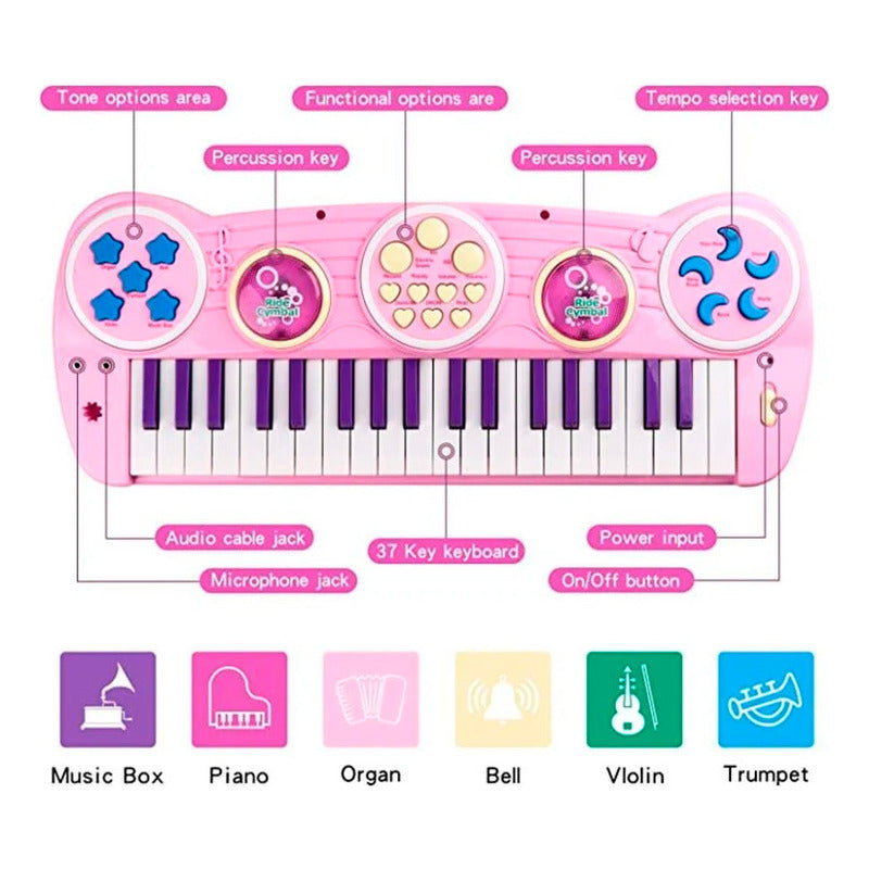 Teclado Portátil De Piano Para Niña Rosa De 37 Teclas A Pila