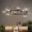 Lámpara Colgante De Techo Rhyna Moderna Ecodeco 15 Luces Con Esferas De Vidrio Transparente Aro Metálico Negro Para Comedor Sala Cocina Isla Iluminación Decorativa Led E27